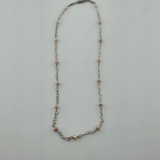 925 Sterling Silver Heart Links ❤️ Pearls Necklace Jewelry 16 Inches