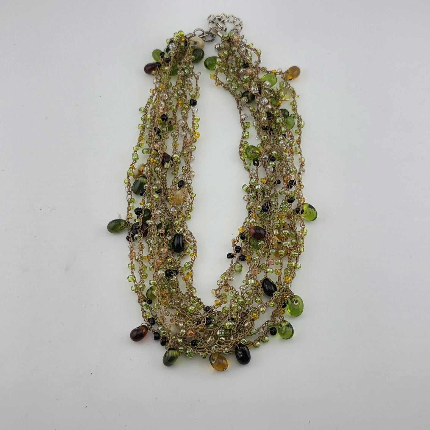 Multistrang Gemstone Handmade Crochet Necklace Olive, avocado Green tones 18"