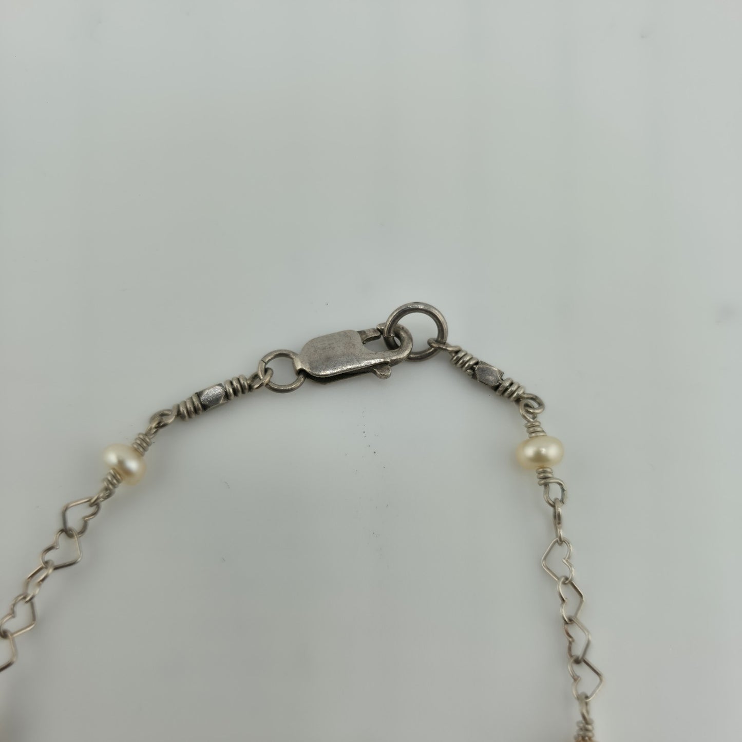 925 Sterling Silver Heart Links ❤️ Pearls Necklace Jewelry 16 Inches