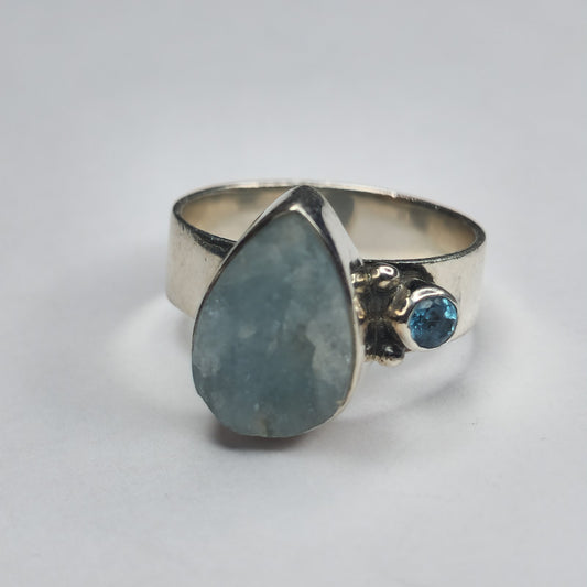 925 Sterling Silver PT Ring Aquamarine Teardrop blue Stone Size 7.5