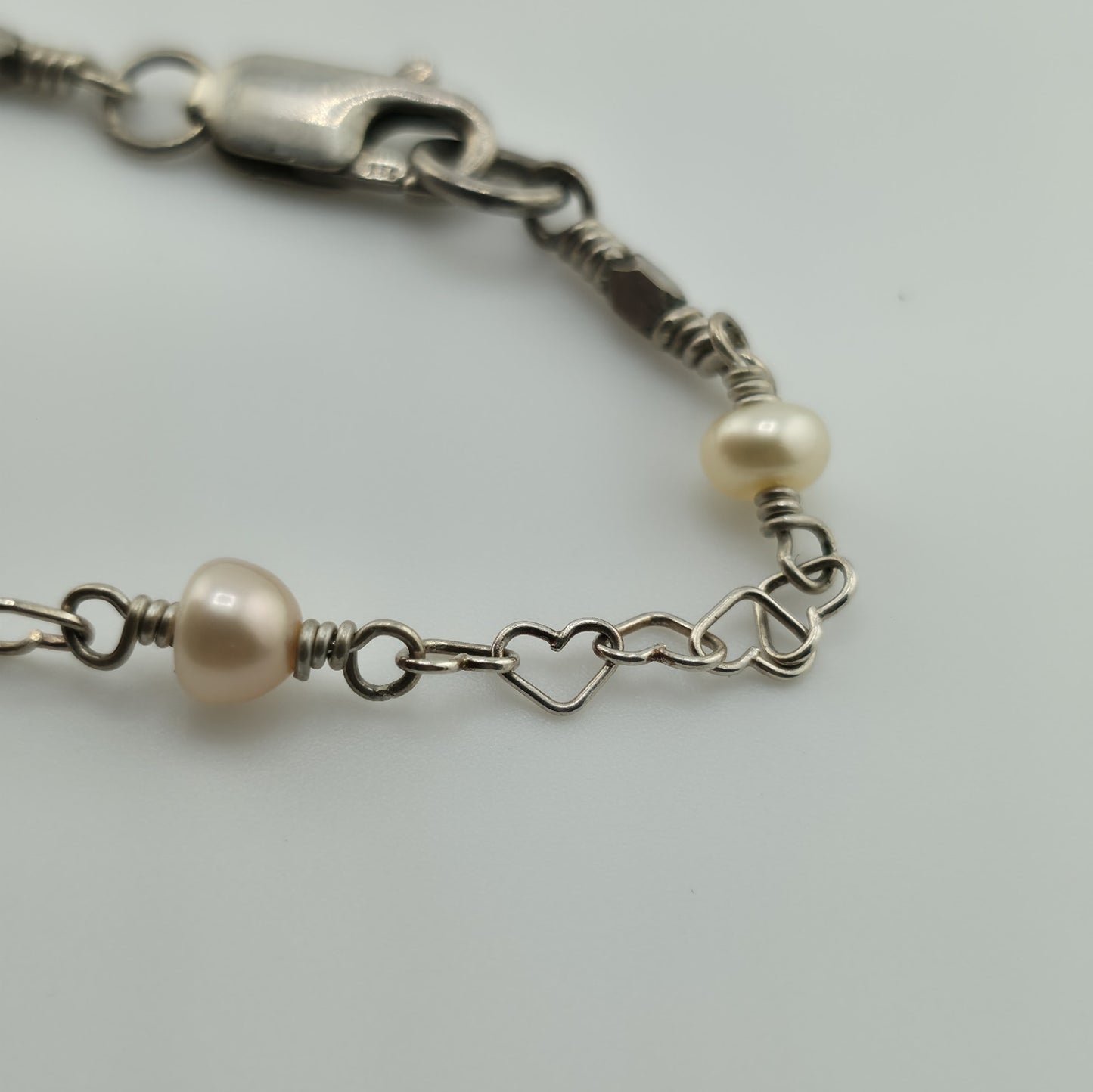 925 Sterling Silver Heart Links ❤️ Pearls Necklace Jewelry 16 Inches