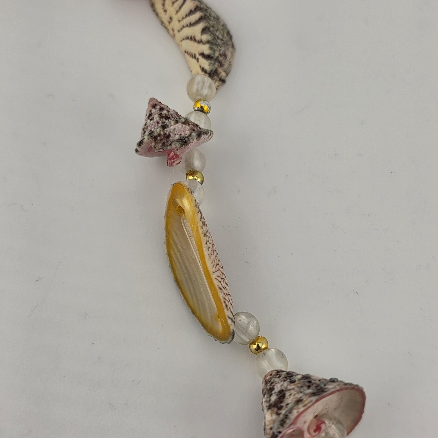 Sea Shell Bead Necklace Pink Green Gold Boho Tribal Ethnic Vintage 16 Inches