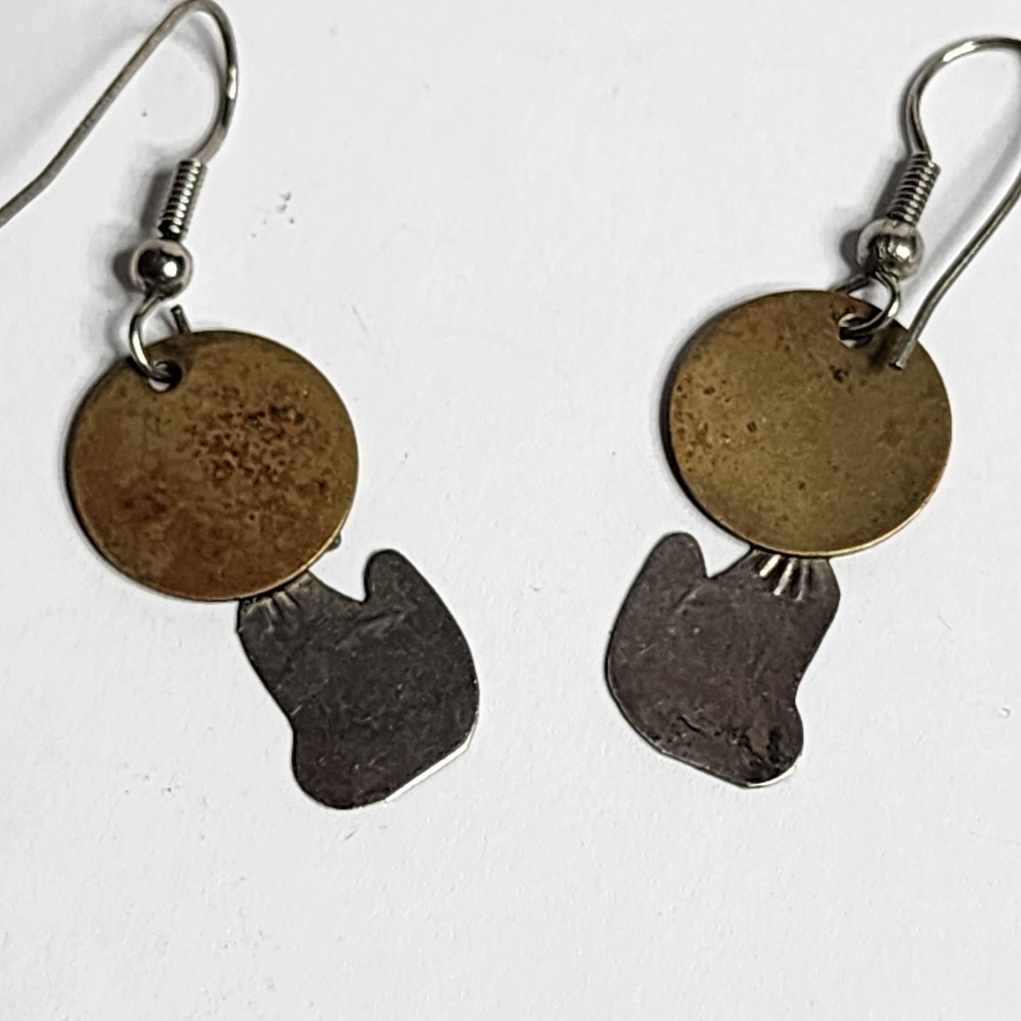 925 Sterling SIlver Dangle Drop Howling Wolf Brass Moon Pierced Earrings Vintage