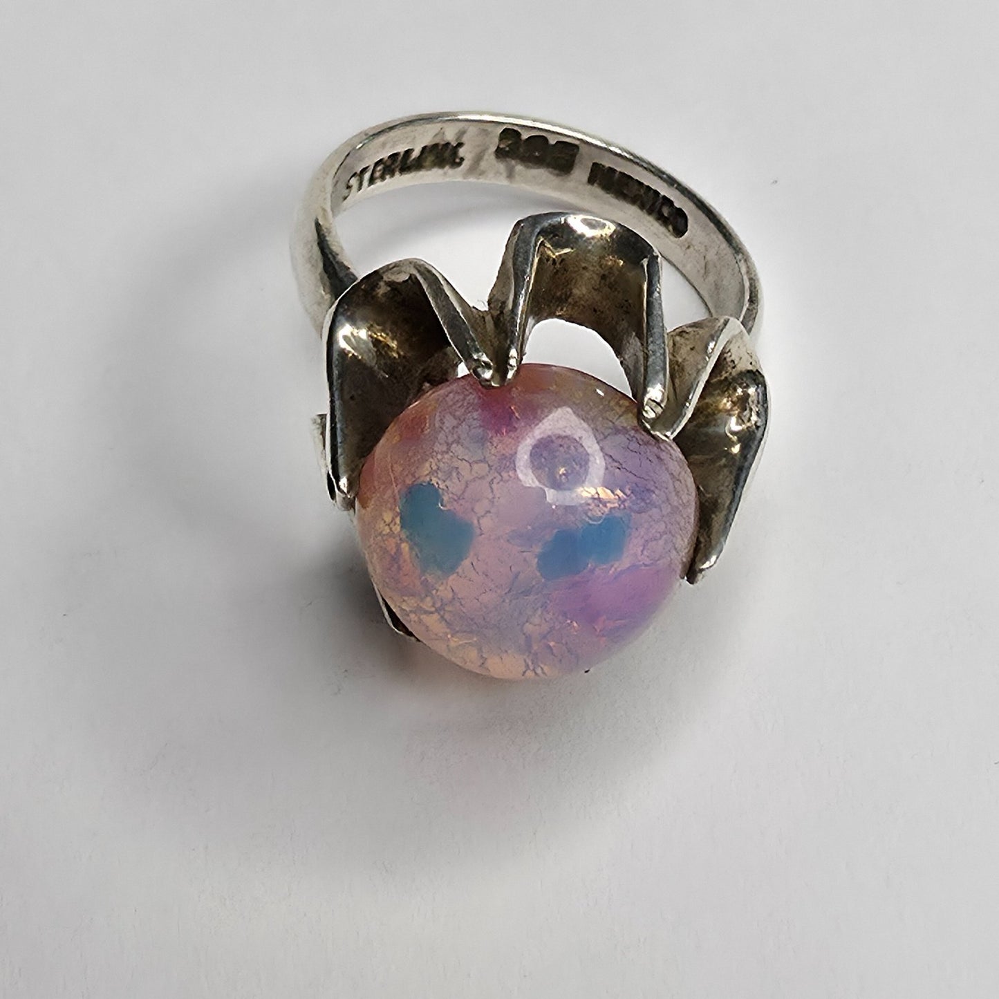Mexican Fire Opal 925 Sterling Silver Belcher Ring Sz 7.25 Vintage Boho Jewelry