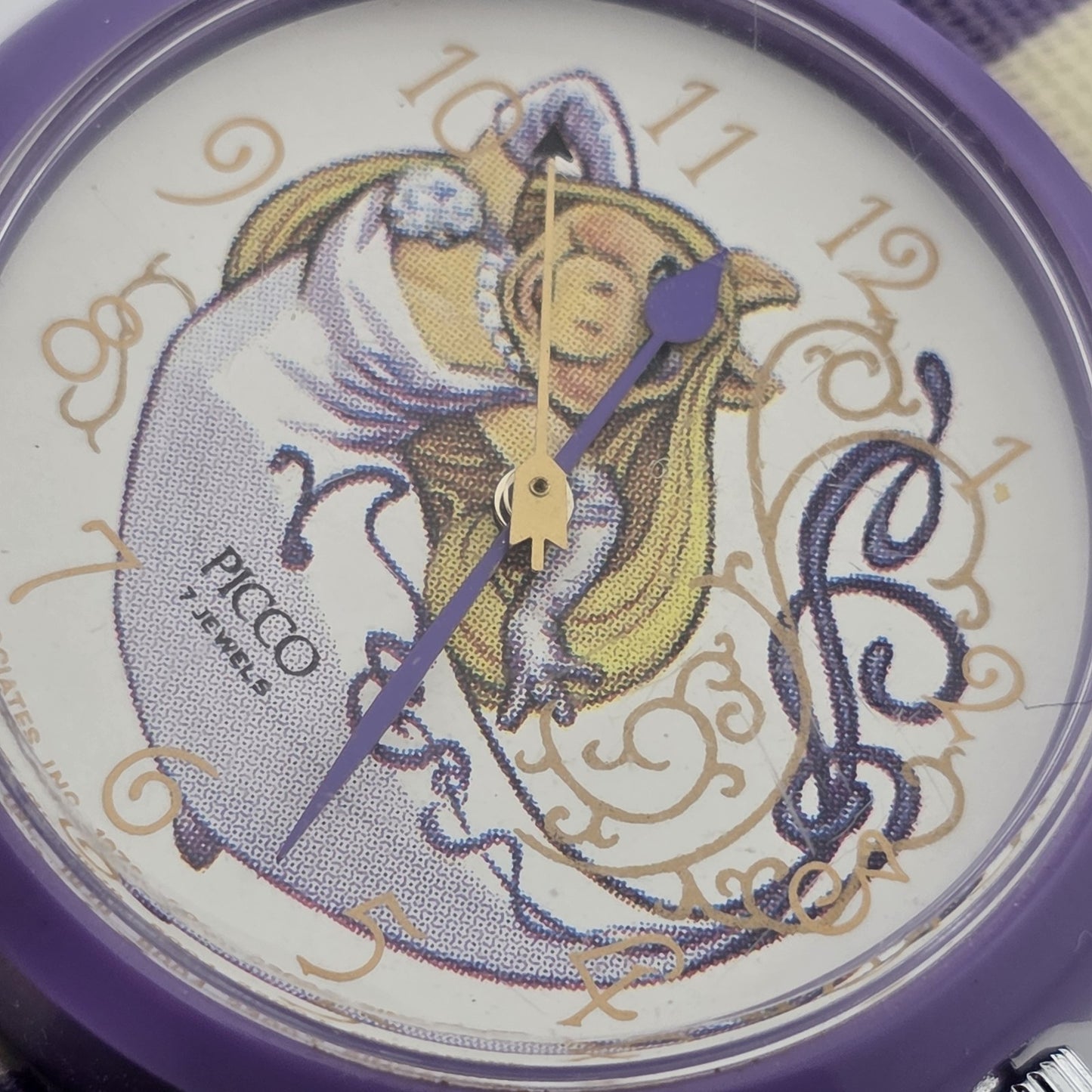 Picco Ms Piggy Watch Women Purple White Round Nylon Band Manual Wind Vintage