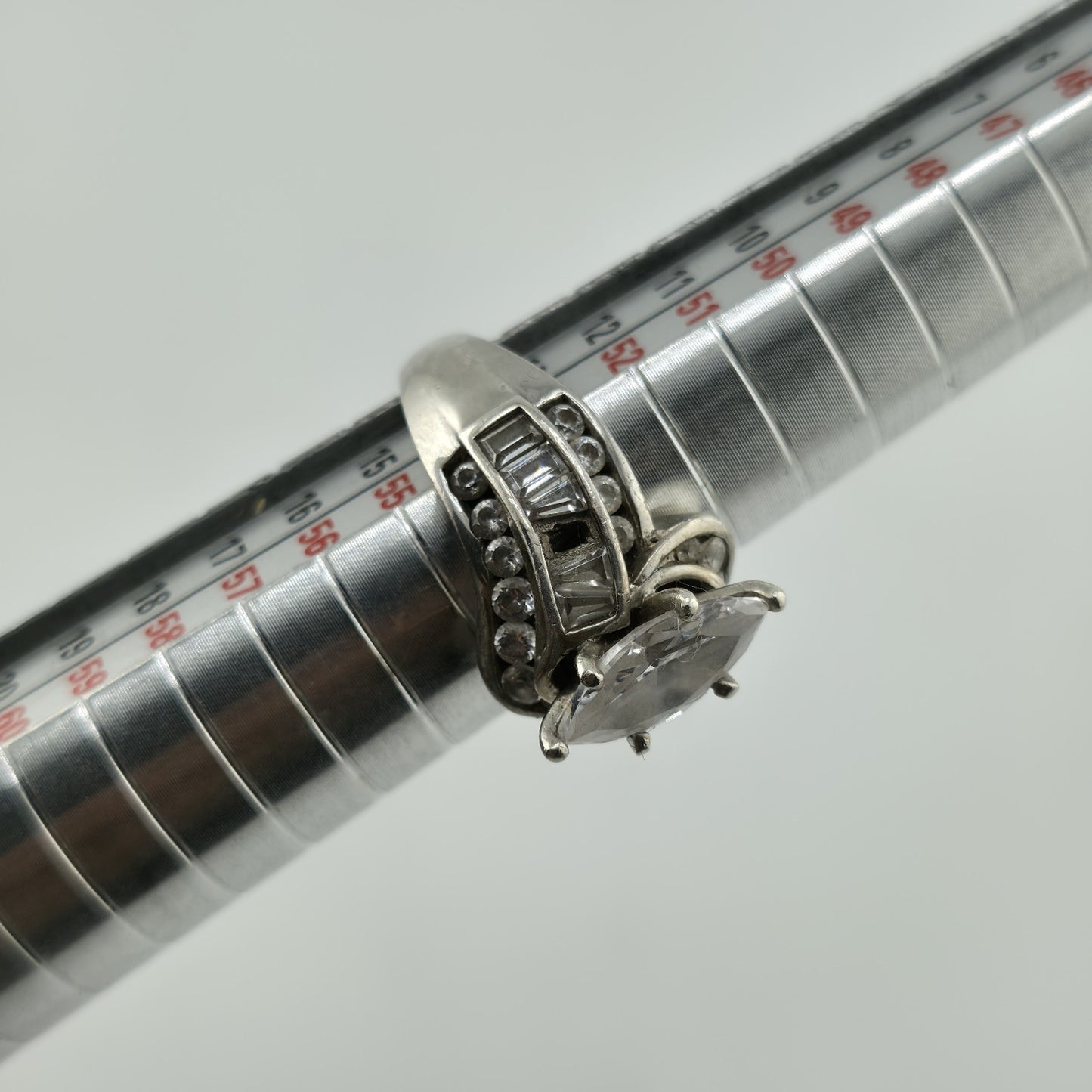 Sterling Silver Ring Marquise Clear Stone Baguette Design Size 6.75 Vintage 925