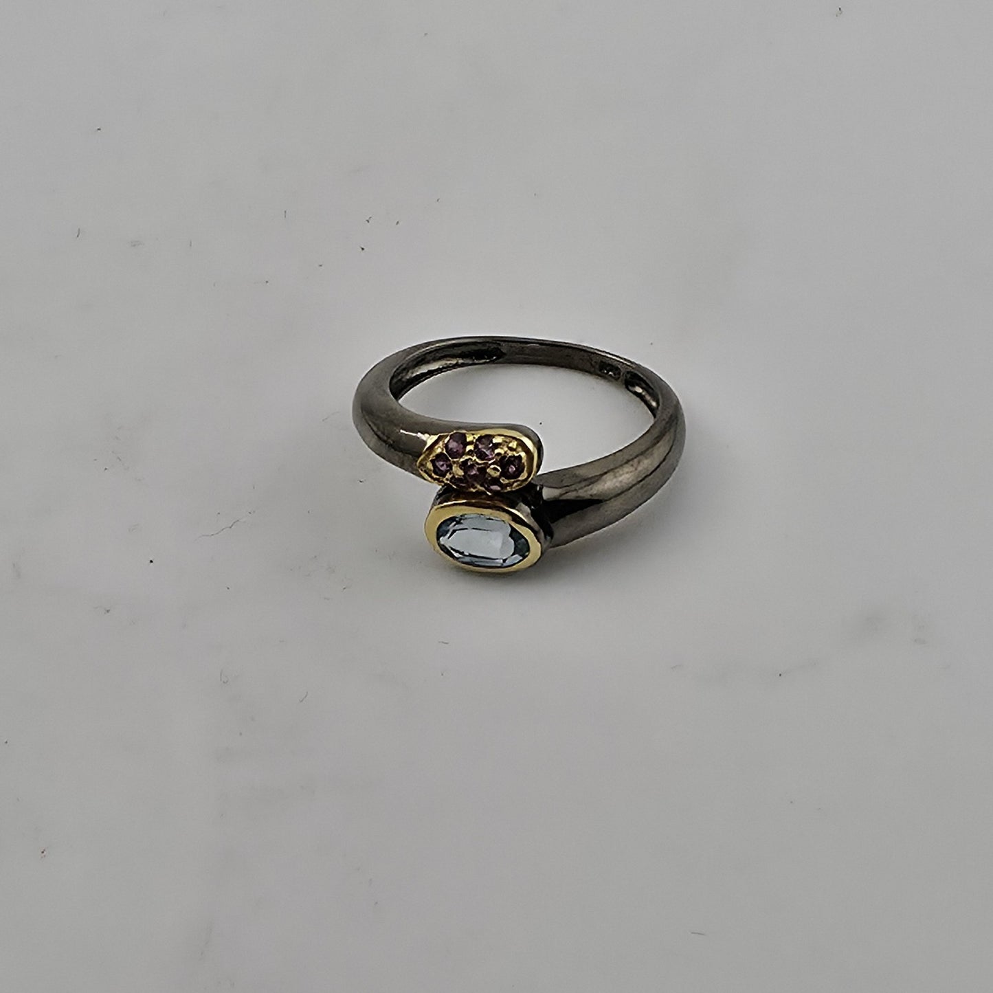 Natural Blue Topaz Ring 925 Sterling Silver Gold tone Size 6 Unique Design