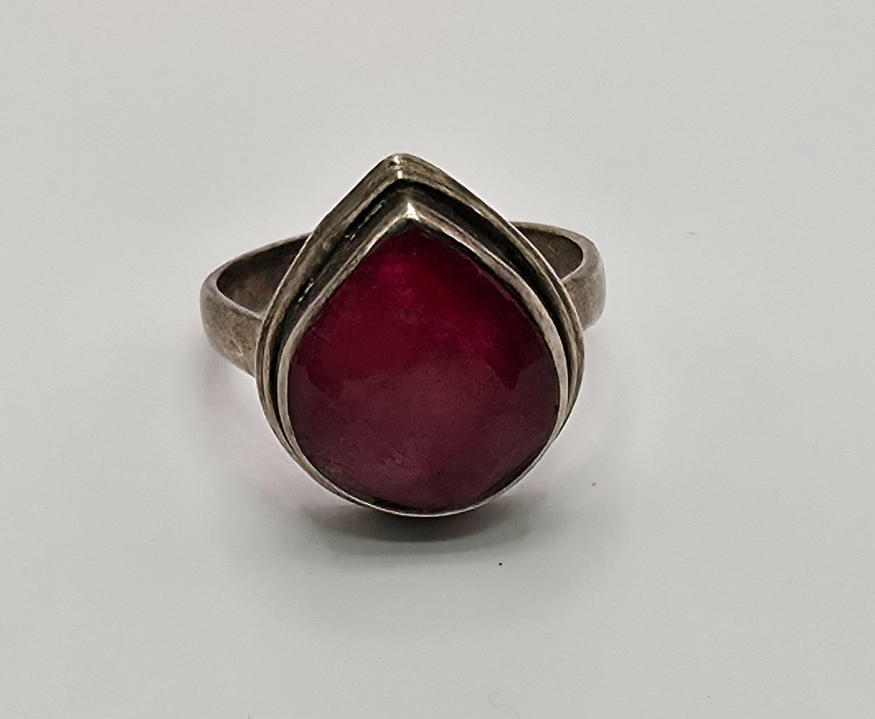 925 Sterling Silver Teardrop Ruby Ring Adjustable Band Boho Red Faceted Artisan