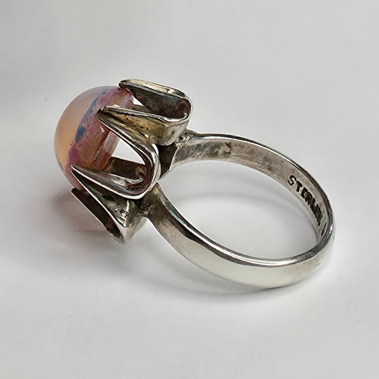 Mexican Fire Opal 925 Sterling Silver Belcher Ring Sz 7.25 Vintage Boho Jewelry