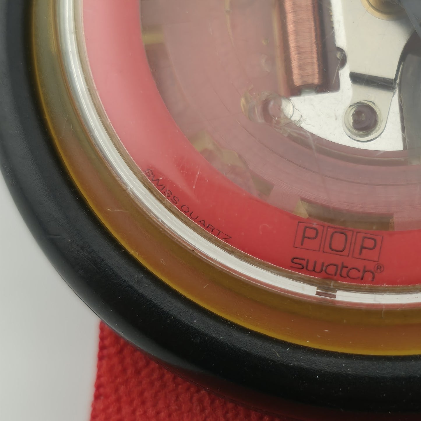 Vintage Swatch Pop Watch 1988 Red Band Skeleton Transparent Dial Rare New Batter