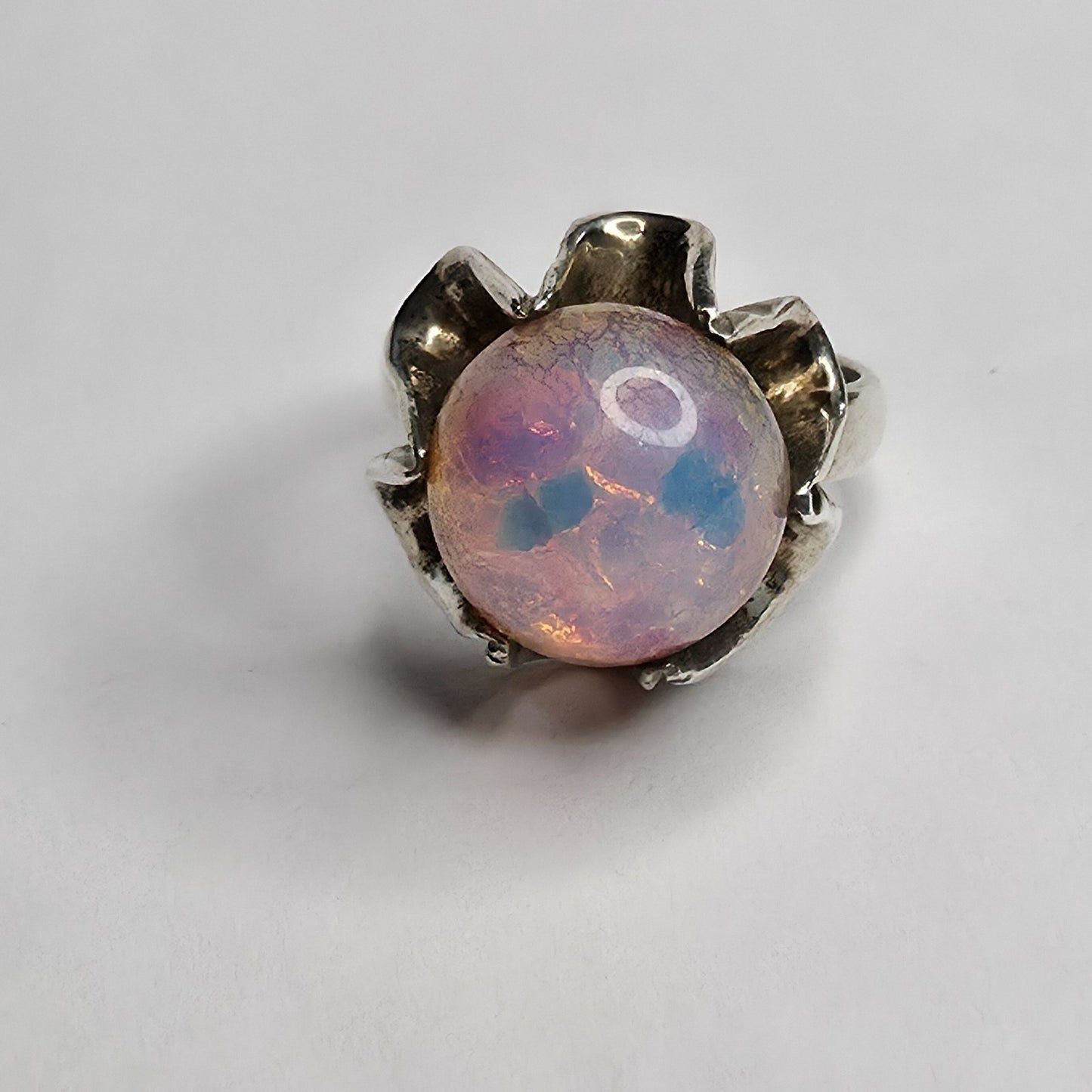 Mexican Fire Opal 925 Sterling Silver Belcher Ring Sz 7.25 Vintage Boho Jewelry