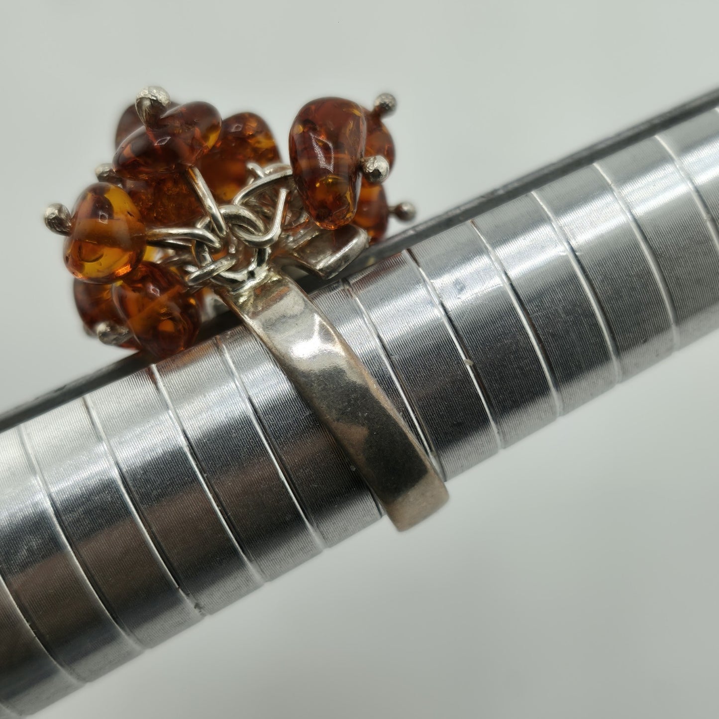 Baltic Amber Cluster Sterling Silver Ring Modernist Adjustable Vintage Polish
