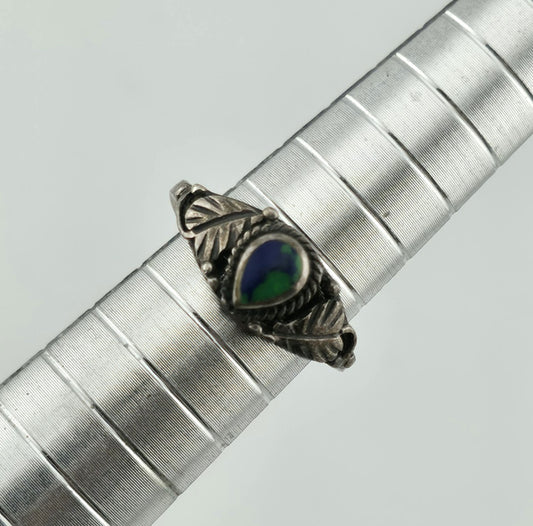 925 Sterling Silver Ring floral green Blue stone Teardrop Size 4.5