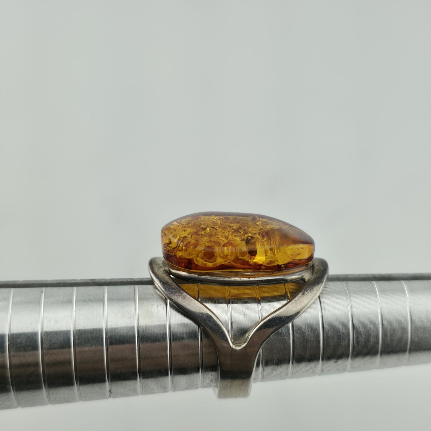 Vintage Ring MCM Sterling Silver Natural Honey Amber Unique Abstract Adjustable