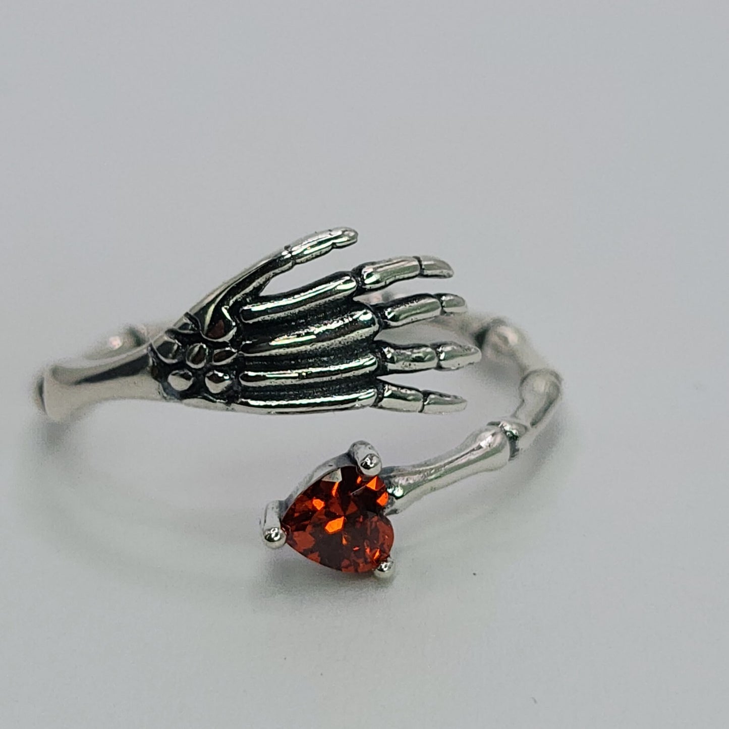 Gothic Skeleton Hand Ring Red Heart CZ 925 Sterling Silver Love Witch Adjustable