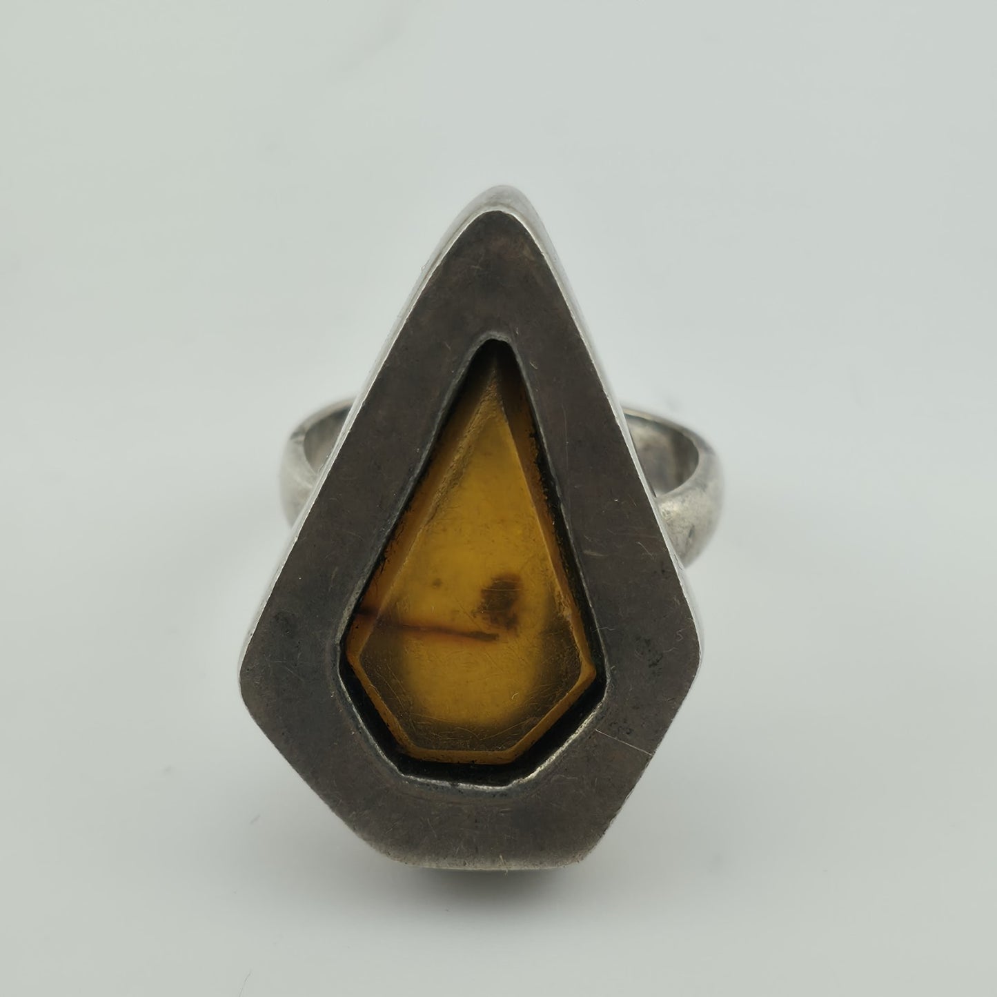 Amber 925 Sterling Silver Ring 7.5 MCM Chunky Teardrop Coffin Vintage Rare