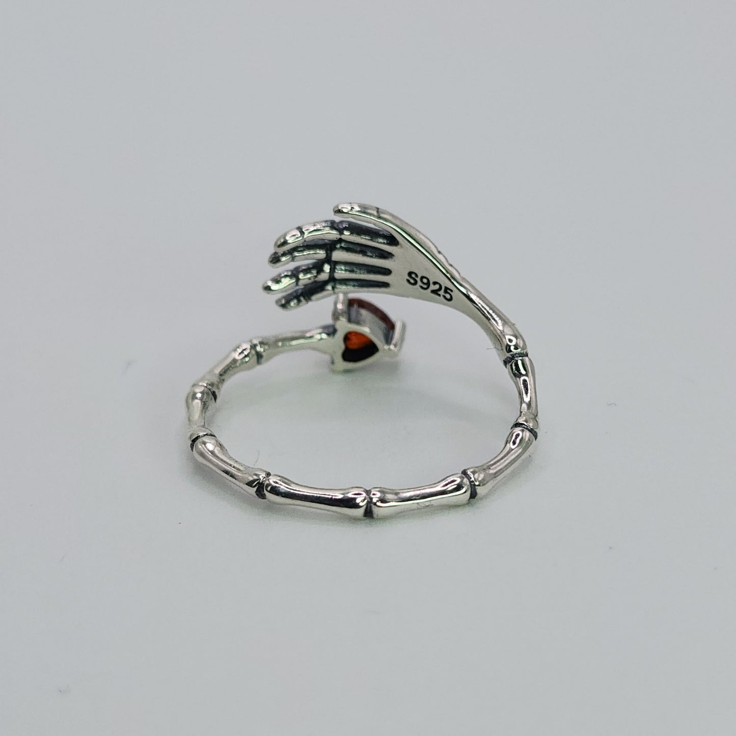Gothic Skeleton Hand Ring Red Heart CZ 925 Sterling Silver Love Witch Adjustable