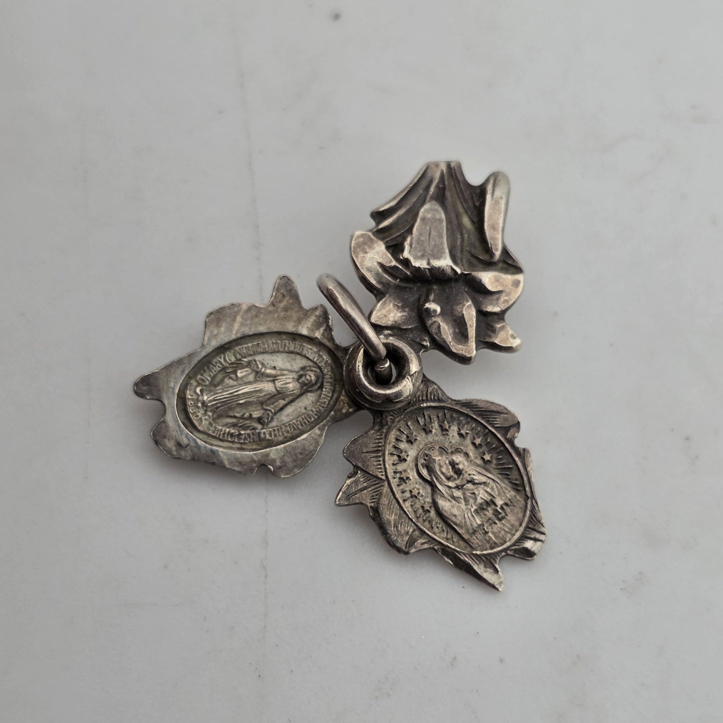 ORNATE ART DECO STERLING SILVER TRIPLE PART FLOWER RELIGIOUS CROSS CHARM 925