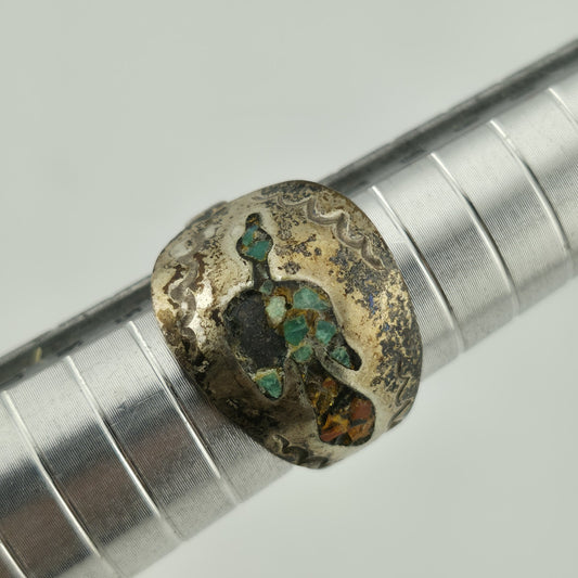 Native Navajo Sterling Peyote Bird Crushed Turquoise Coral Ring Size 7 Vintage