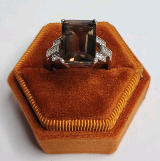 Smoky Quartz Sterling Silver Ring Art Deco Size 8 925 Statement Jewelry
