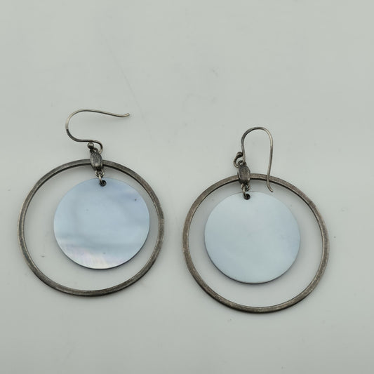 Sterling Silver Open Circle Drop Earrings Blue Disc Dangle 1.4 Artisan Minimal