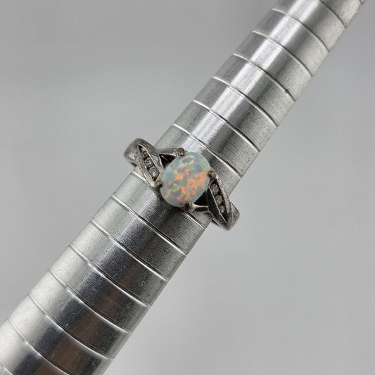 Opal Ring Sterling Silver 925 Simulated Cubic Zirconia Accents 5.5 Vintage