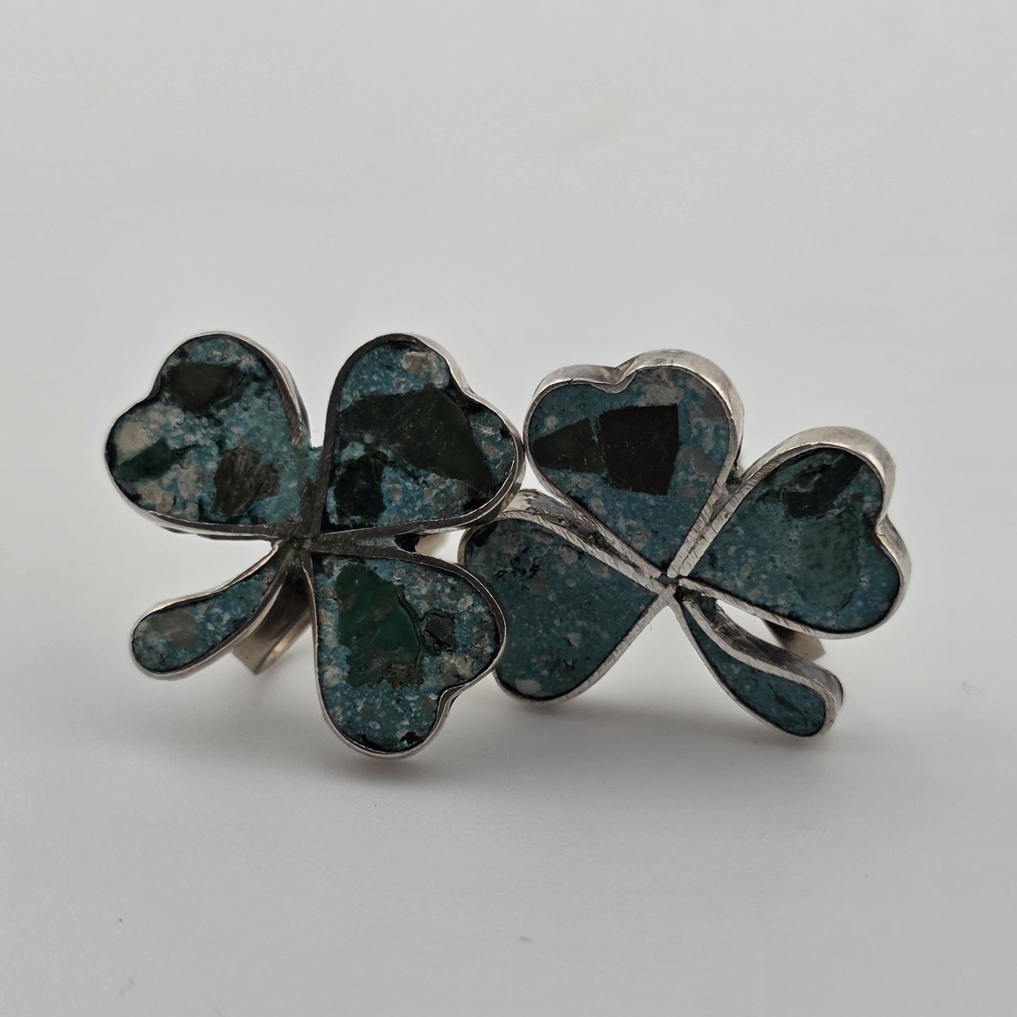 Vintage EARRINGS TAXCO Mexico INLAID TURQUOISE Sterling Silver 925 SHAMROCK