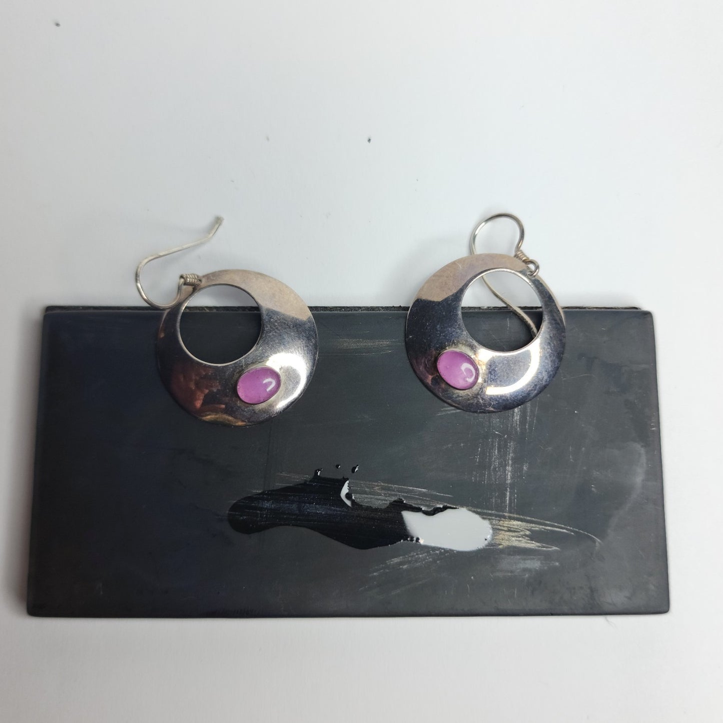 925 Sterling Silver Earrings Dangle Purple Stone Modernist Circle Signed NF VTG