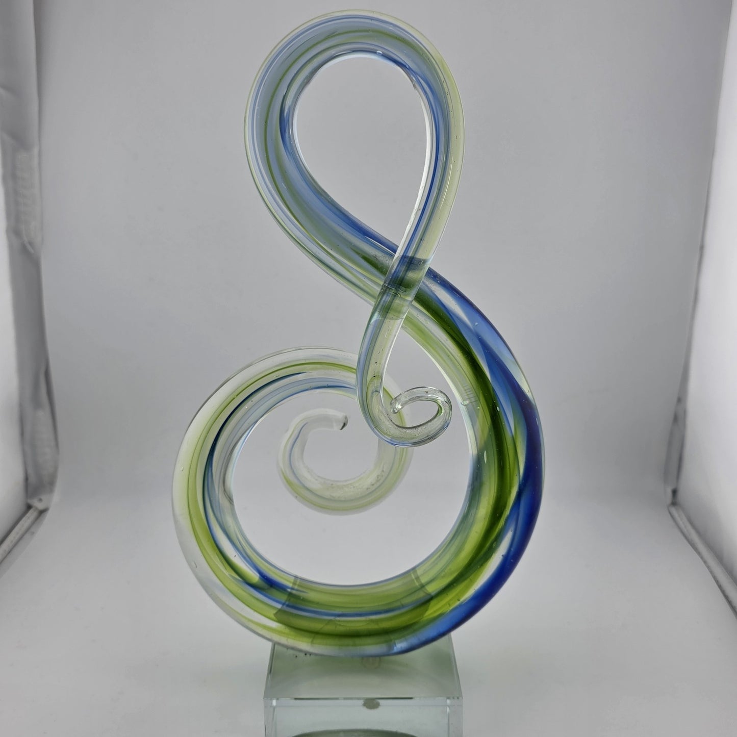 Hand Blown Music Treble Clef 10" Art Glass Sculpture Blue Green Infinity Vintage