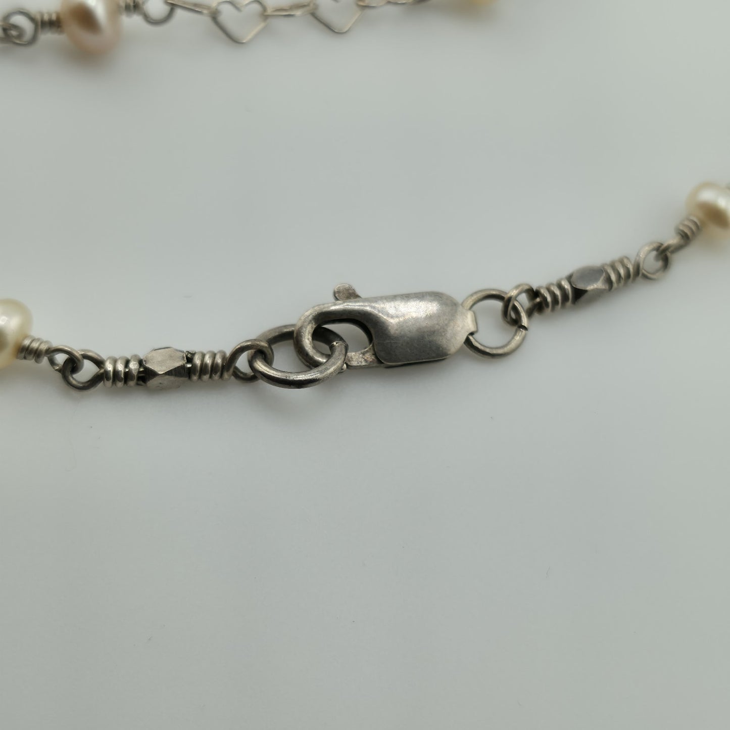925 Sterling Silver Heart Links ❤️ Pearls Necklace Jewelry 16 Inches