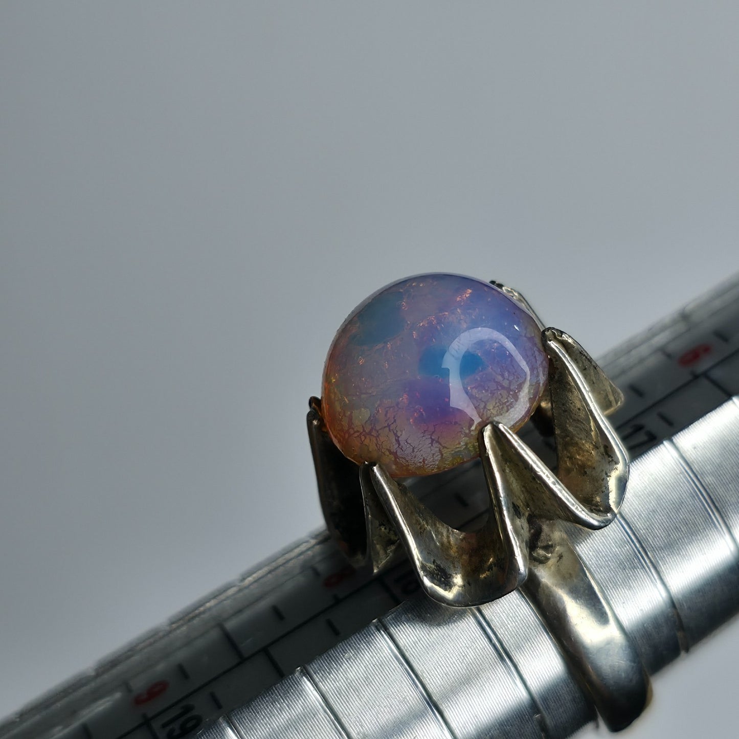 Mexican Fire Opal 925 Sterling Silver Belcher Ring Sz 7.25 Vintage Boho Jewelry
