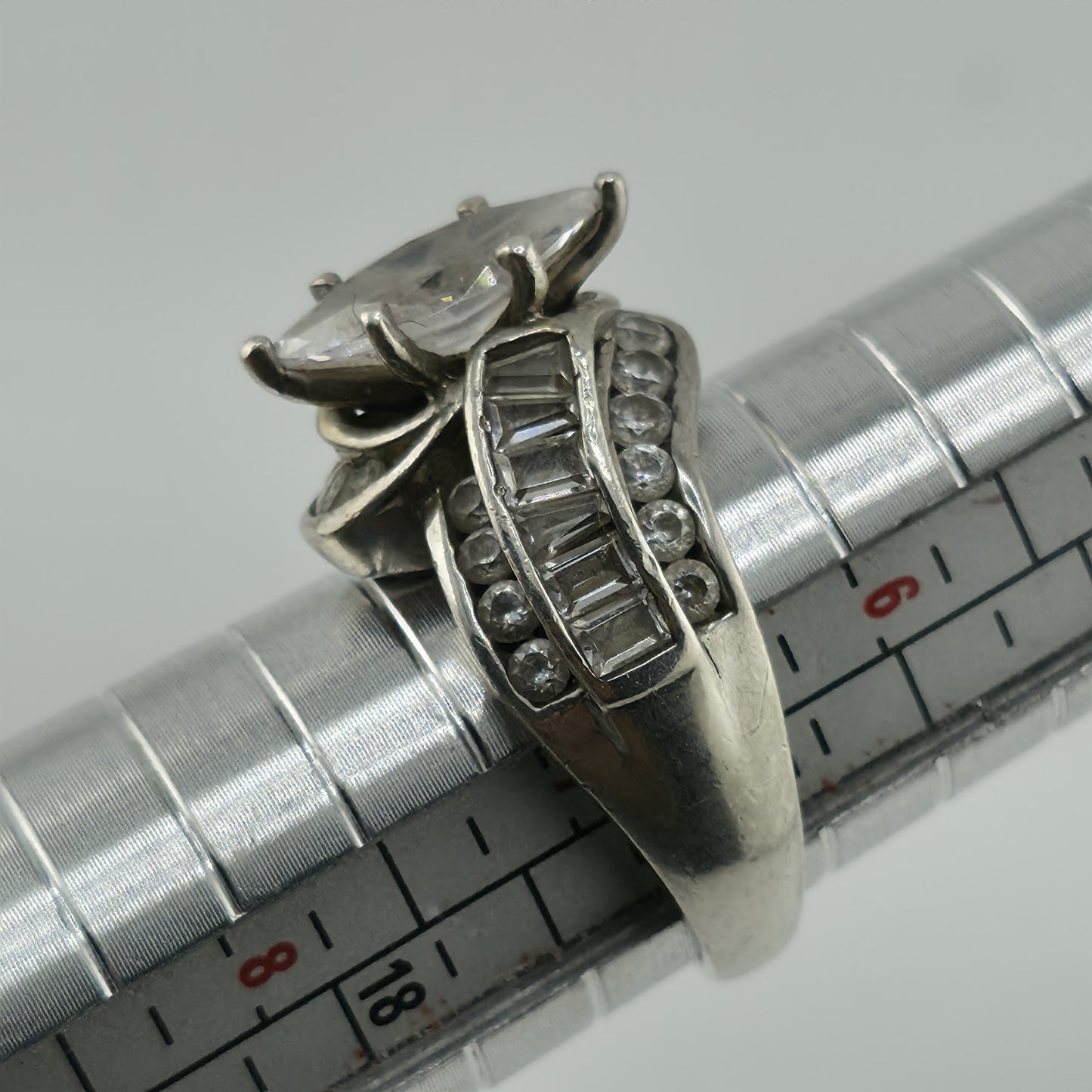 Sterling Silver Ring Marquise Clear Stone Baguette Design Size 6.75 Vintage 925