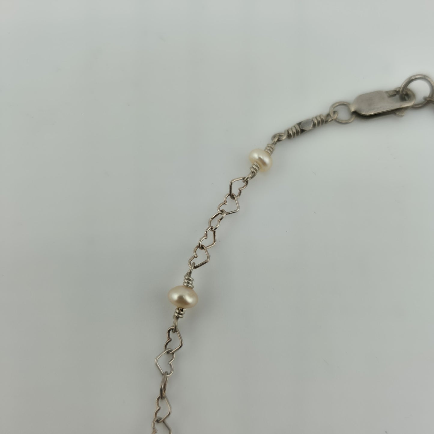 925 Sterling Silver Heart Links ❤️ Pearls Necklace Jewelry 16 Inches
