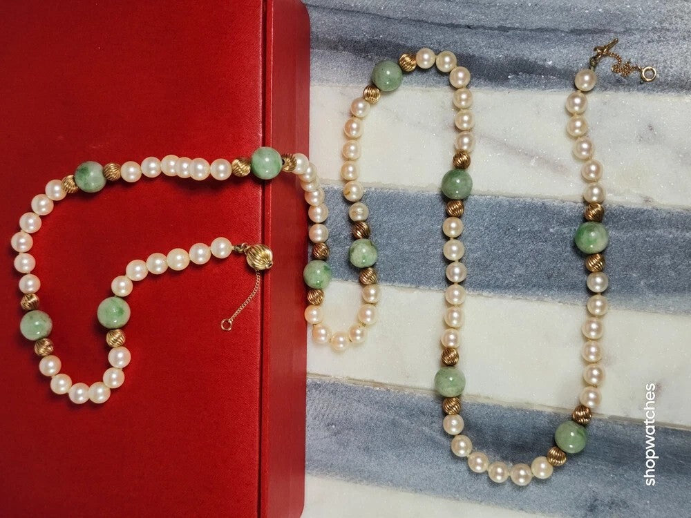 Pearl Jade Gold Beaded Necklace 30" 12K GF Beads 10K Gold Clasp Vintage