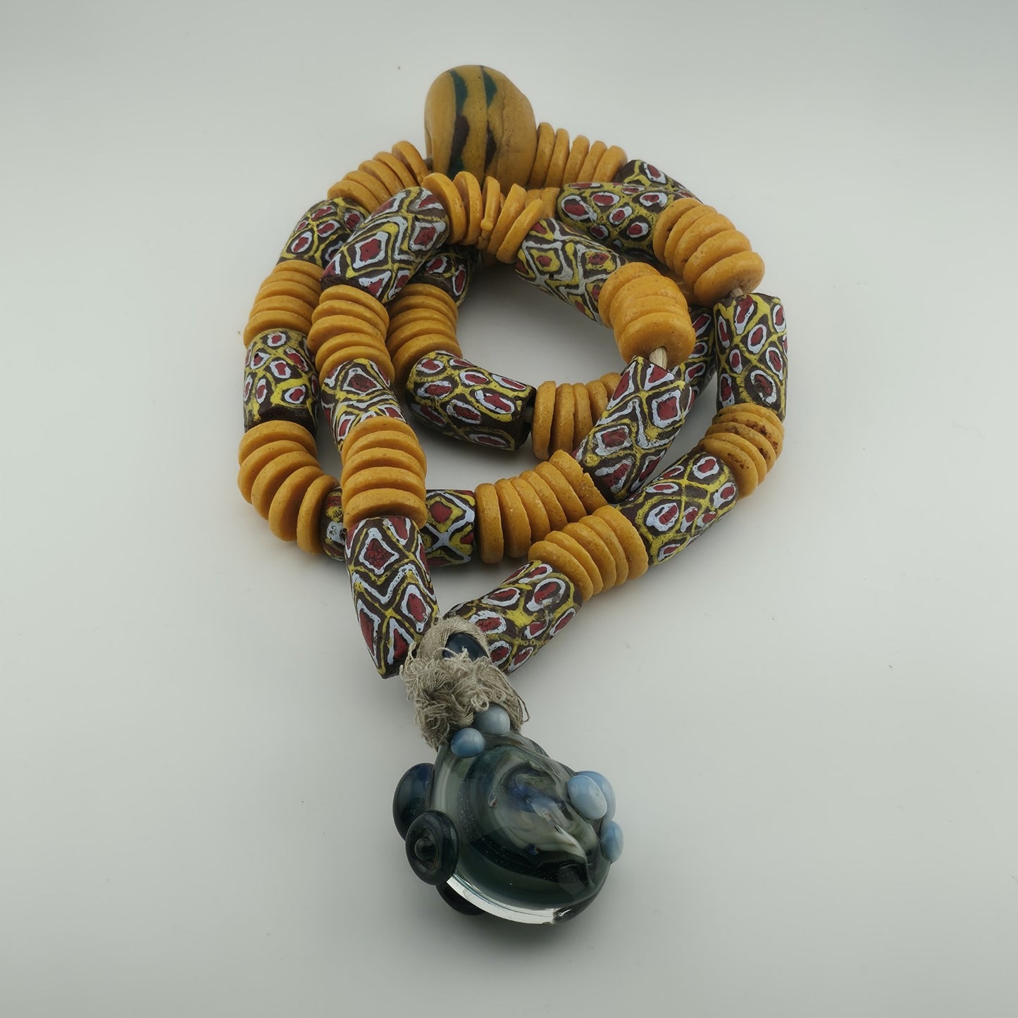 Handmade African Trade Bead & Lampwork Glass Pendant Necklace – 17" Drop Boho Tribal Folk Art