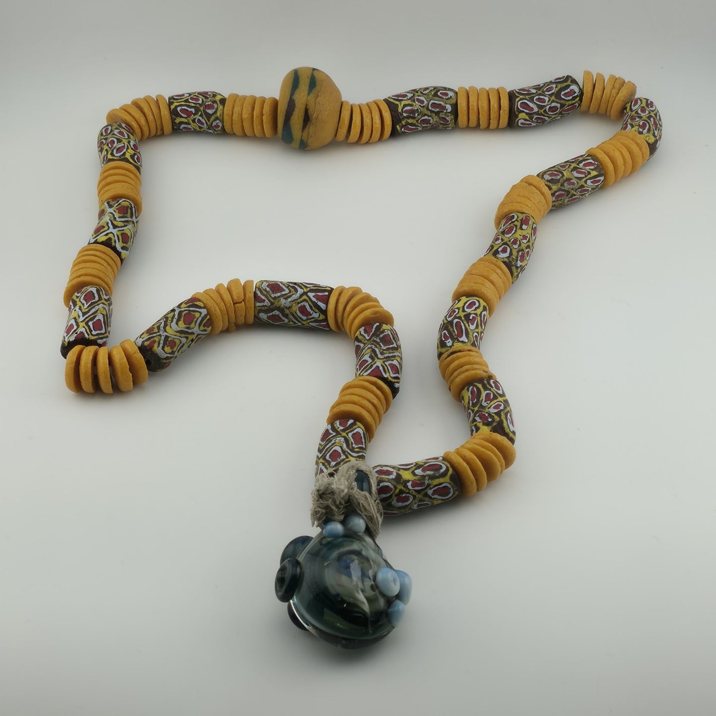 Handmade African Trade Bead & Lampwork Glass Pendant Necklace – 17" Drop Boho Tribal Folk Art