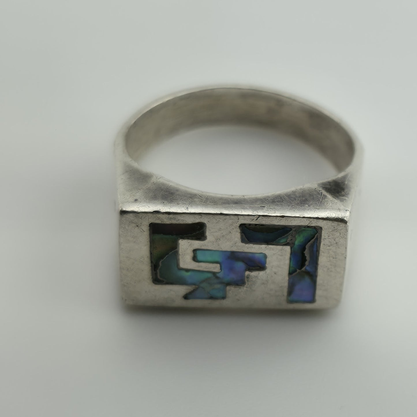 Vintage Taxco Sterling Silver Ring Abalone Geometric Native Mexico Size 5.5