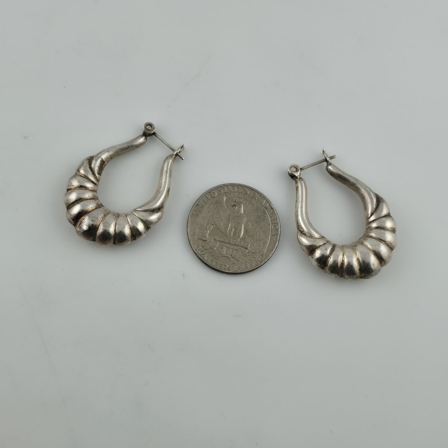 Sterling Silver Earrings Ribbed Latch Hoop Marked 925 Vintage Patina 1.3"