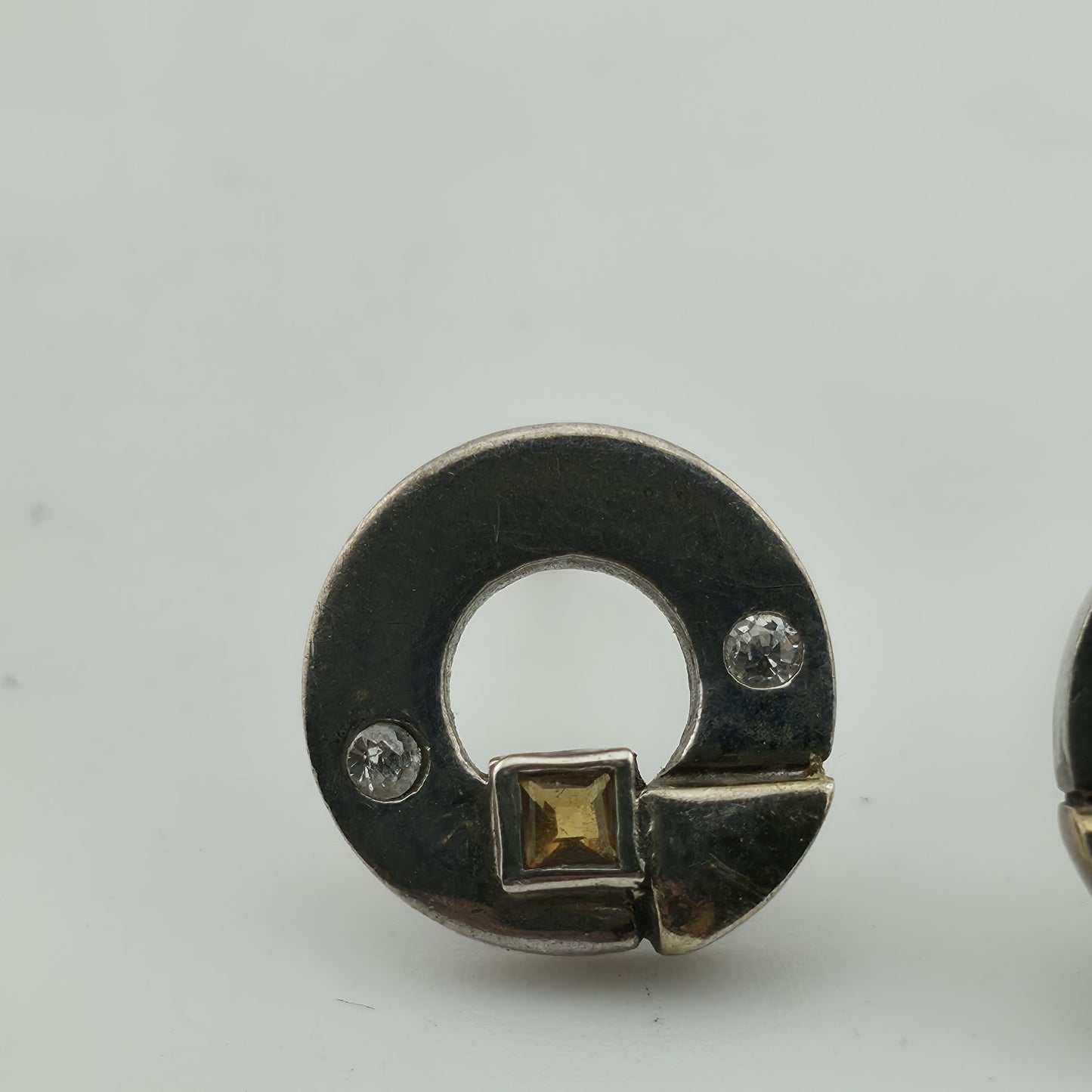 Sterling Silver Earrings NL 925 Modernist Circle Design Yellow White Stones VTG