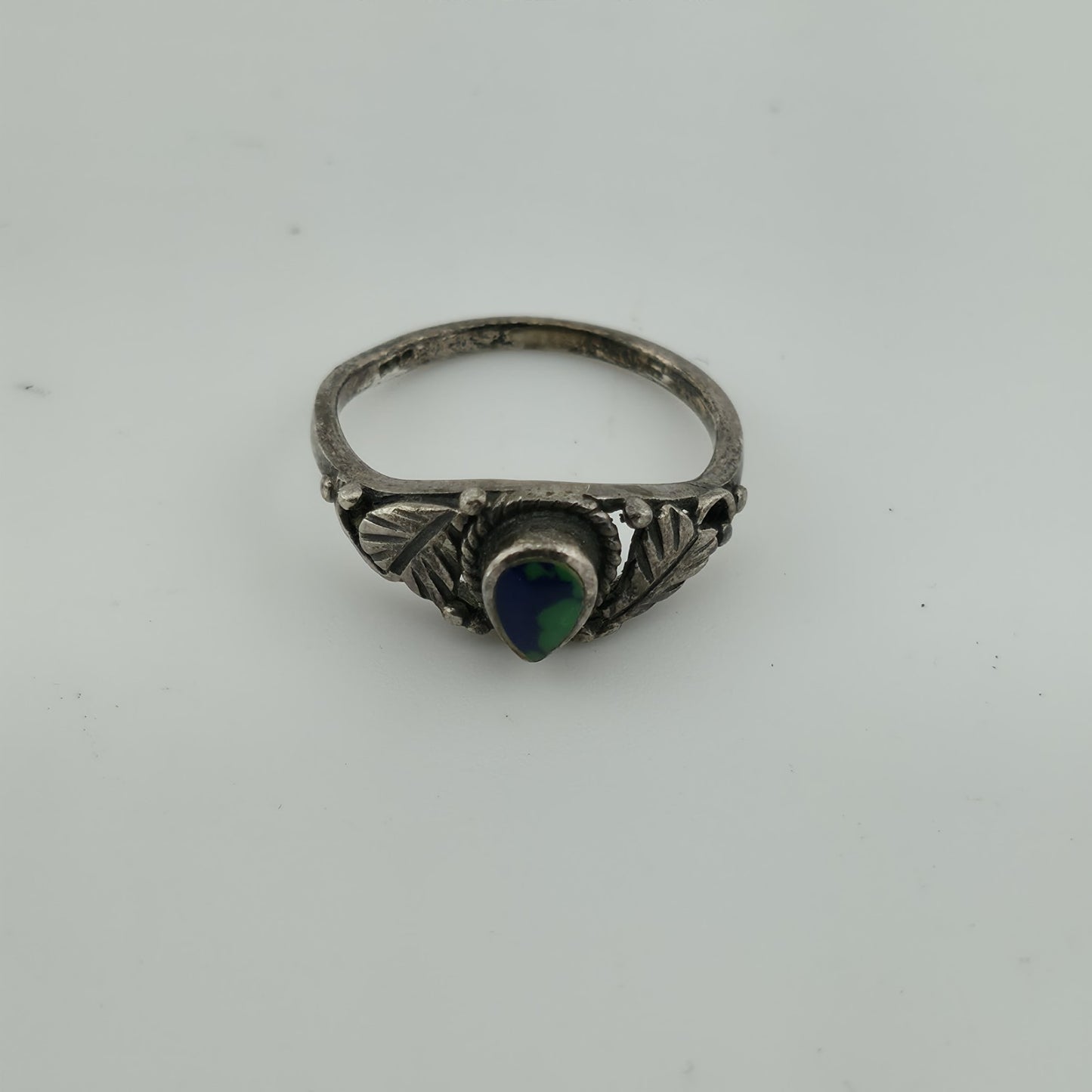 925 Sterling Silver Ring floral green Blue stone Teardrop Size 4.5