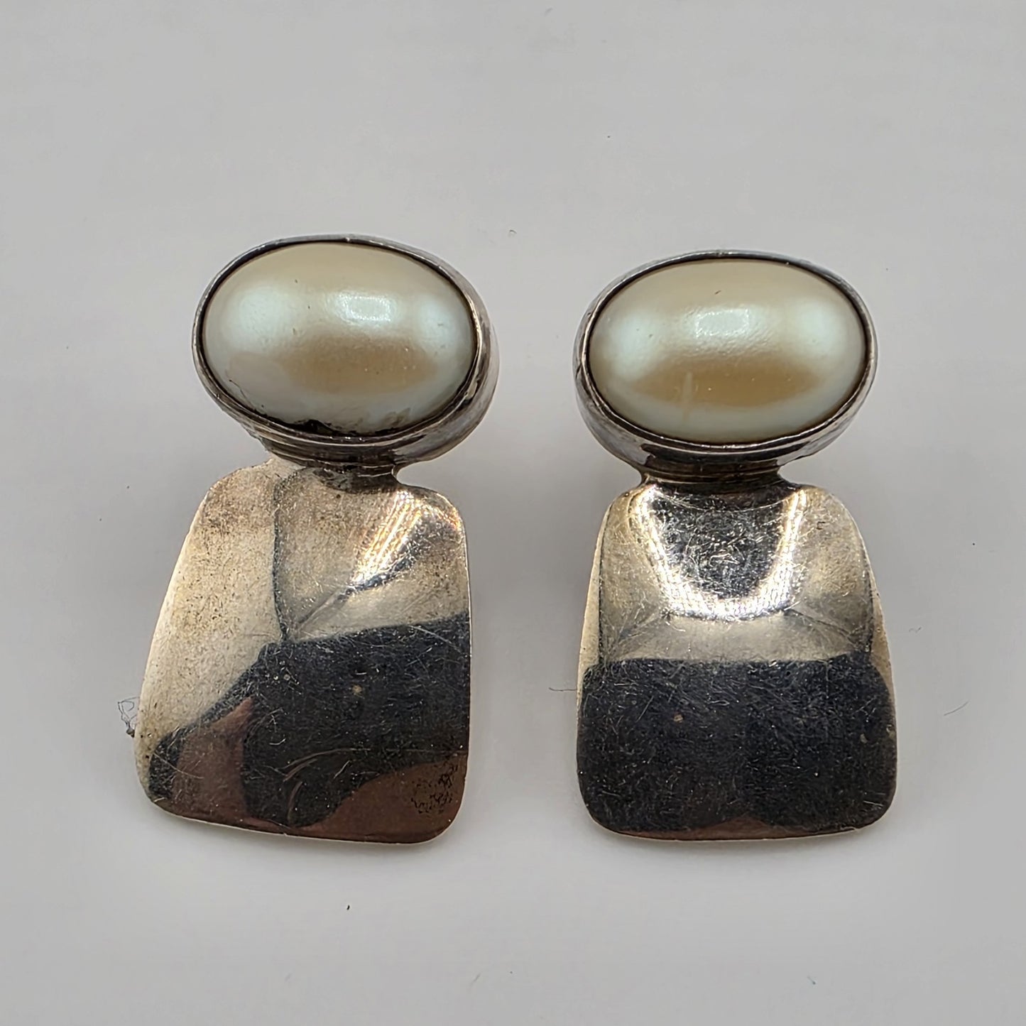 STERLING SILVER EARRINGS FAUX PEARLS Abstract Native Heavy - 1 1/8"