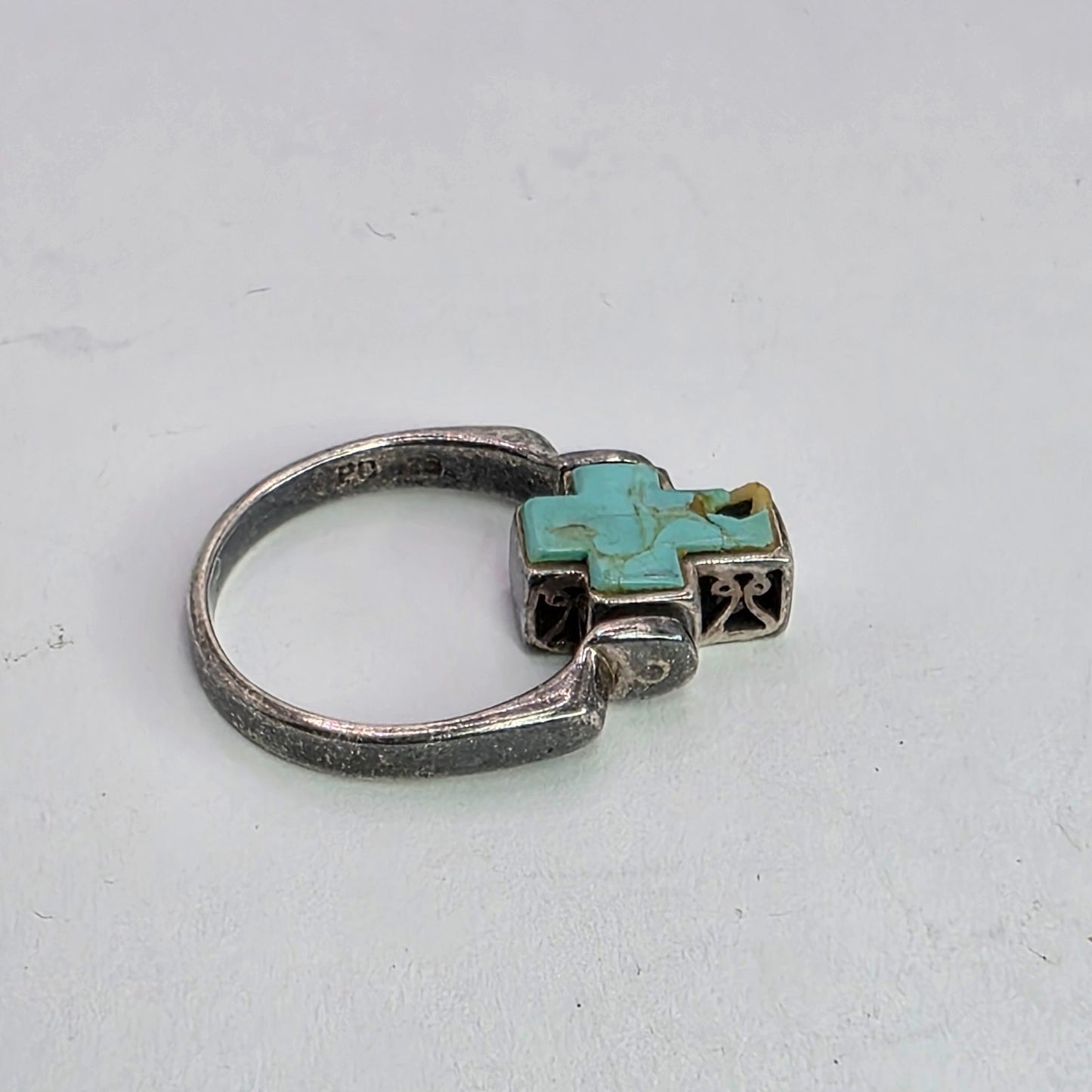 925 Sterling Spinner Ring Turquoise Cross Double Sided Articulated Vintage PD  7