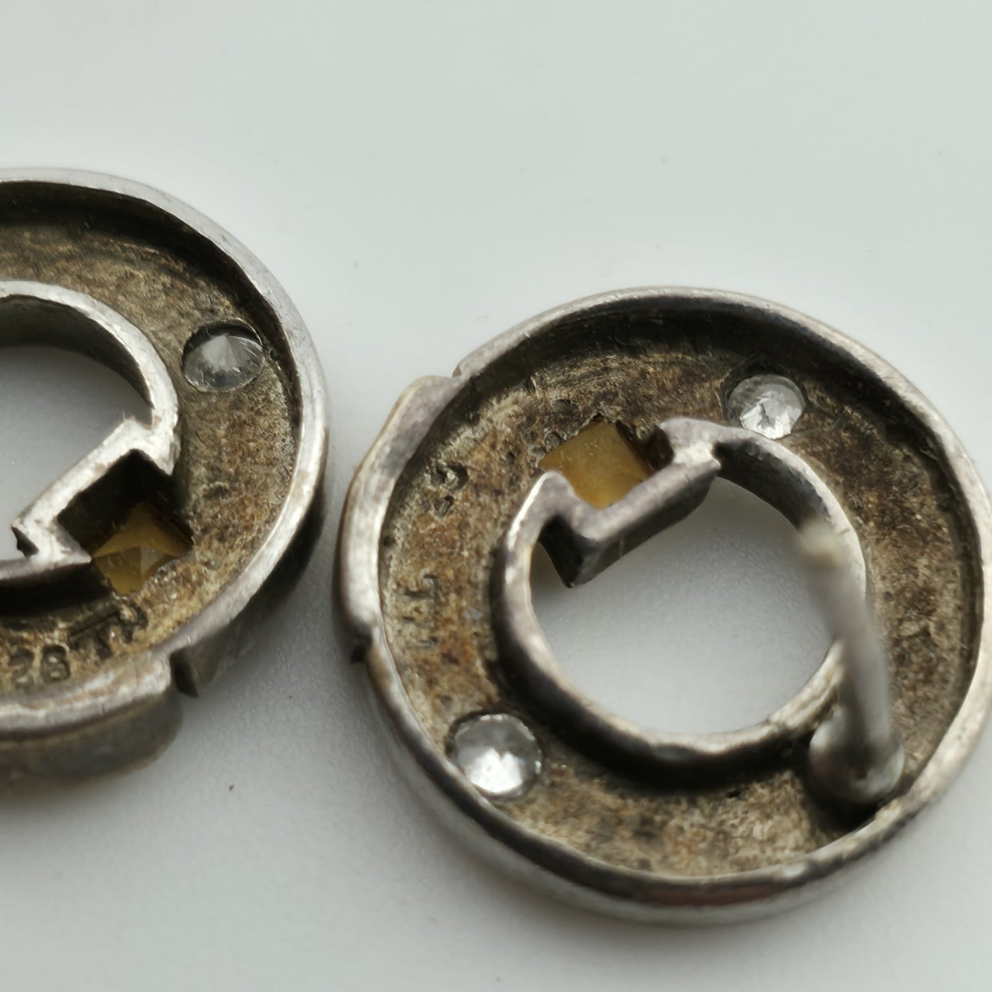 Sterling Silver Earrings NL 925 Modernist Circle Design Yellow White Stones VTG