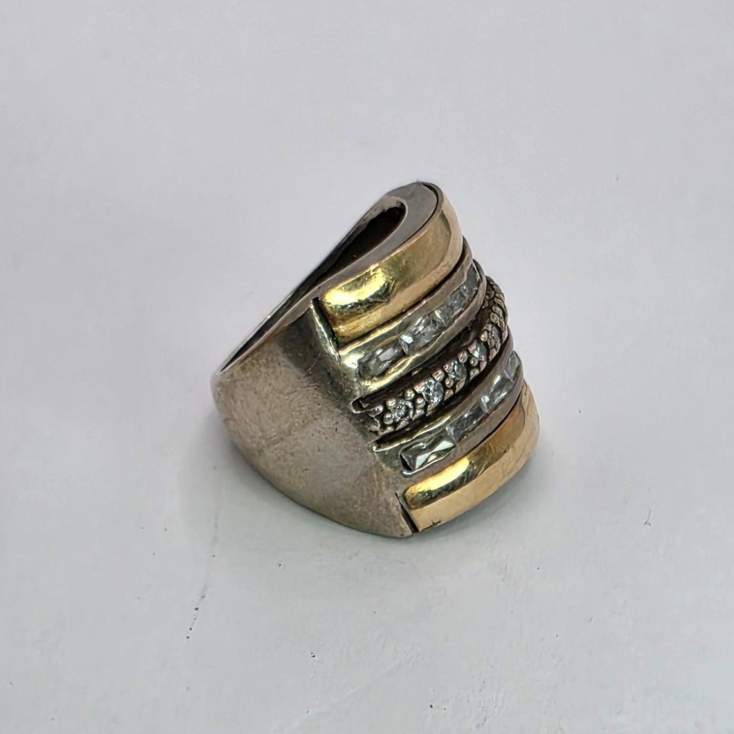 925 Sterling Silver 14K Gold Ring FG Missing Stones Bold Art Deco size 8.5