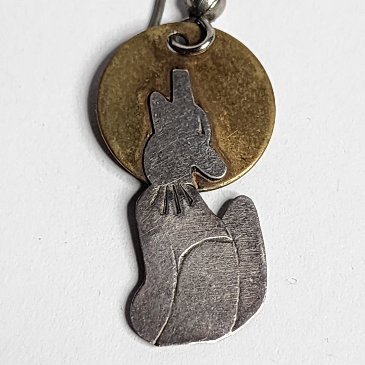 925 Sterling SIlver Dangle Drop Howling Wolf Brass Moon Pierced Earrings Vintage