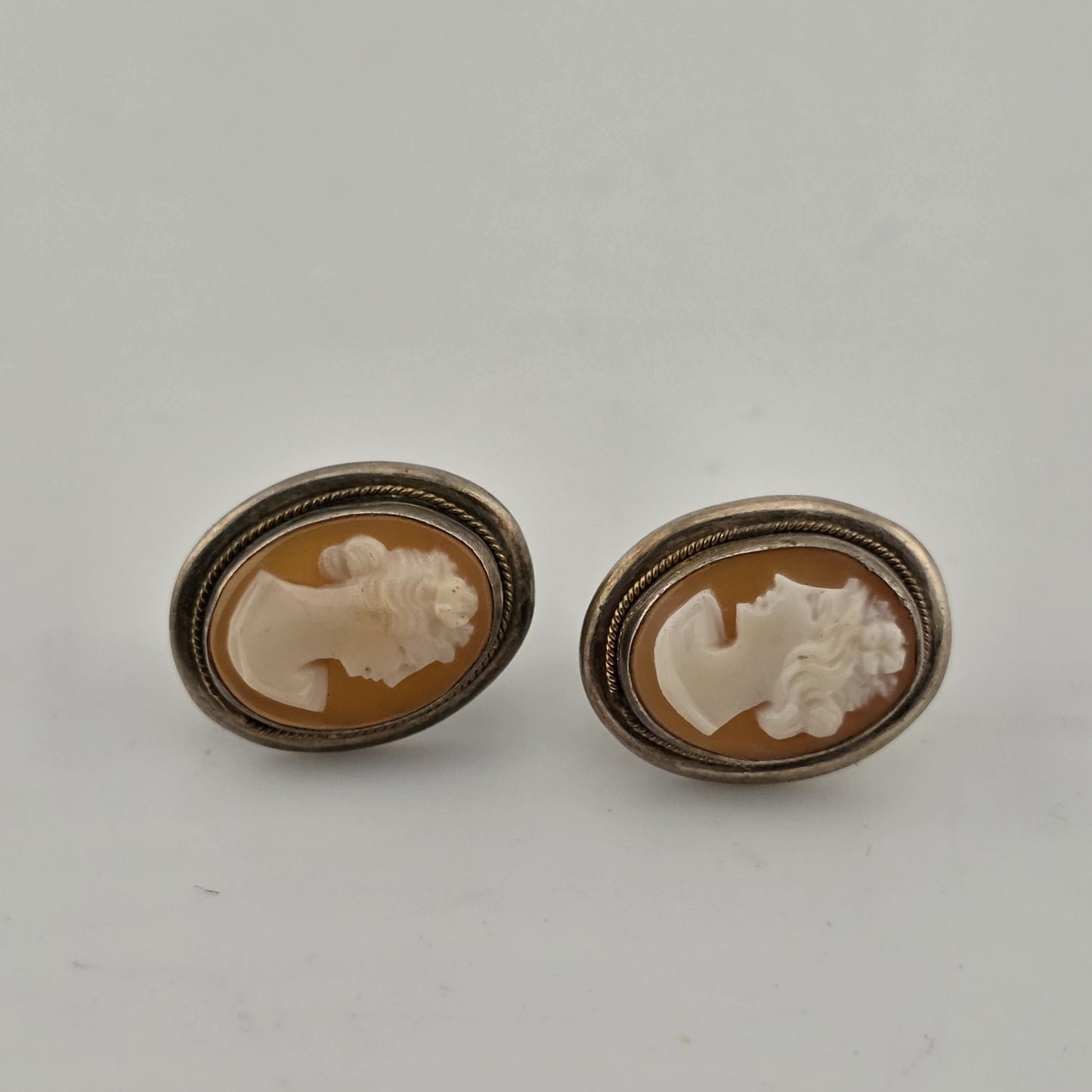 800 Silver  Antique Cameo Screw Back Earrings Vintage European Jewelry