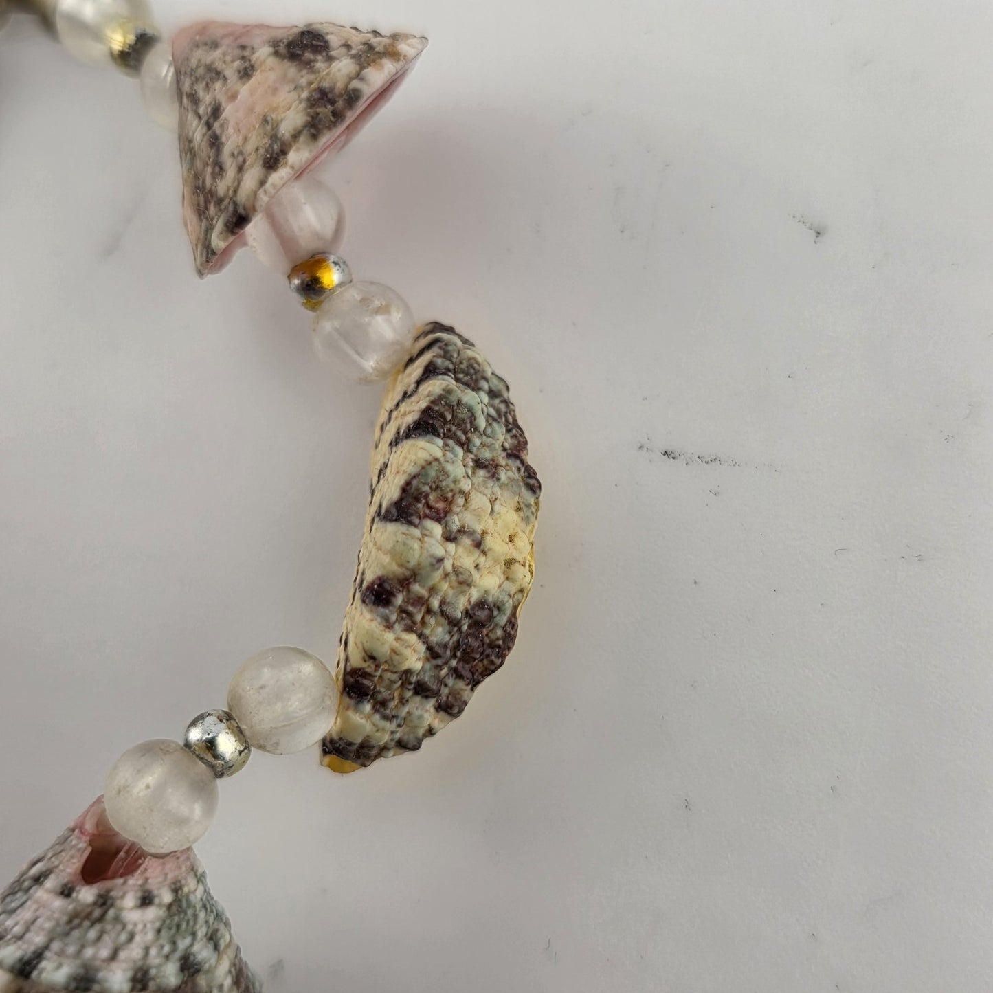 Sea Shell Bead Necklace Pink Green Gold Boho Tribal Ethnic Vintage 16 Inches