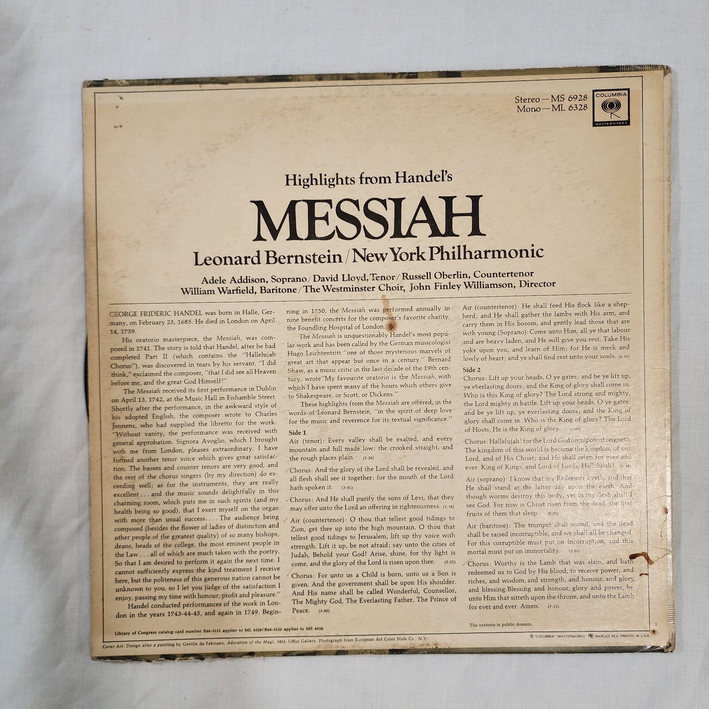 Highlights from Handel's Messiah Leonard Bernstein New York Philharmonic Vinyl