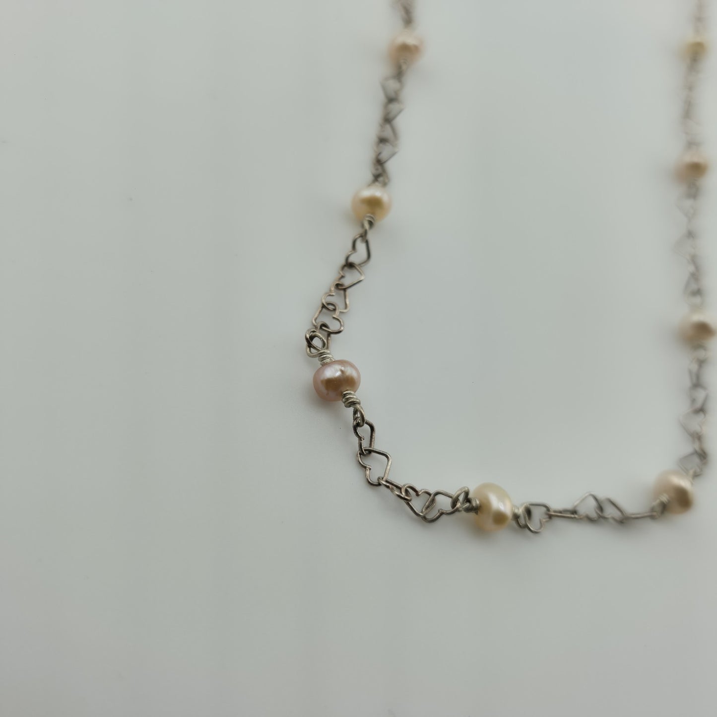 925 Sterling Silver Heart Links ❤️ Pearls Necklace Jewelry 16 Inches