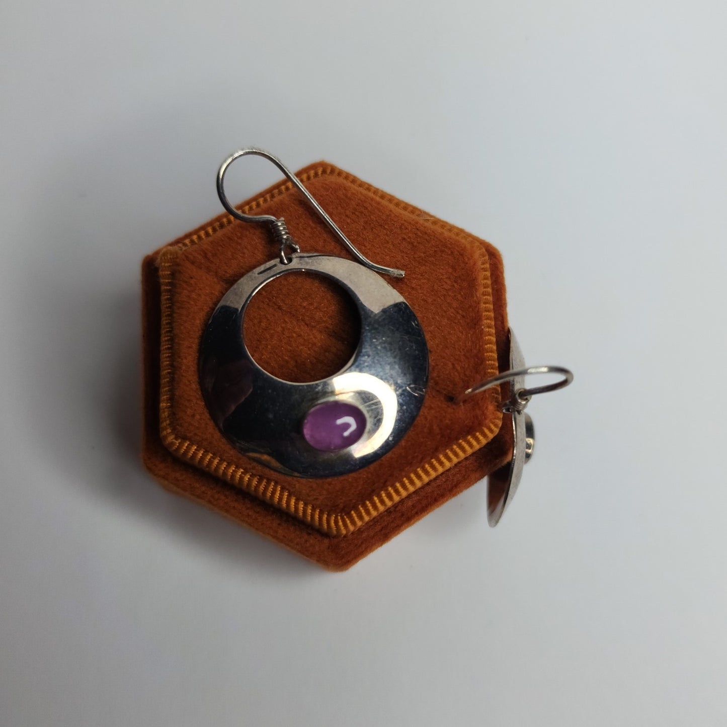 925 Sterling Silver Earrings Dangle Purple Stone Modernist Circle Signed NF VTG